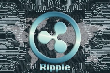 Karanlık arka planda dünya haritası olan ikili kod ve devre kartı. XRP şifreleme sembolü. Dijital para birimi kavramı, Engelleme zinciri, kripto para madenciliği.