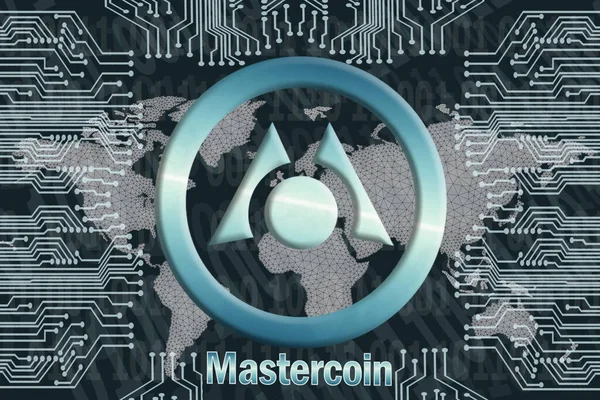Binary code and circuit board with world map net on a dark background. MasterCoin (MC) cryptocurrency symbol. Concept of digital currency, Blockchain, cryptocurrency mining.