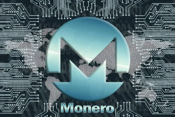 暗黒の背景にバイナリコードと回路基板 Monero Xmr暗号通貨シンボル デジタル通貨 ブロックチェーン 暗号通貨マイニングの概念 — ストック写真