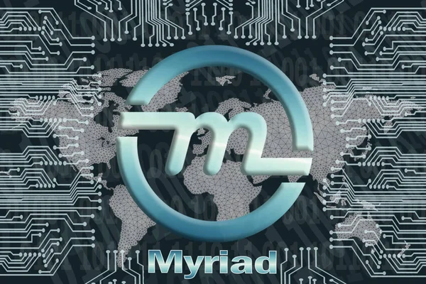 Binary code and circuit board with world map net on a dark background. myriad XMY cryptocurrency symbol. Concept of digital currency, Blockchain, cryptocurrency mining.