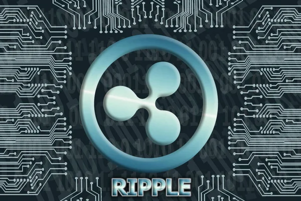 Karanlık bir arka planda ikili kod ve devre kartı. XRP şifreleme sembolü. Dijital para birimi kavramı, Engelleme zinciri, kripto para madenciliği.
