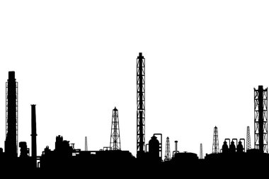 Petrol rafinerisi ya da boru silueti olan kimyasal fabrika. Ham petrol ve gaz işleme tesisi. Beyaz arka planda izole edilmiş bir petrol rafinerisinin ayrıntılı çizimi.