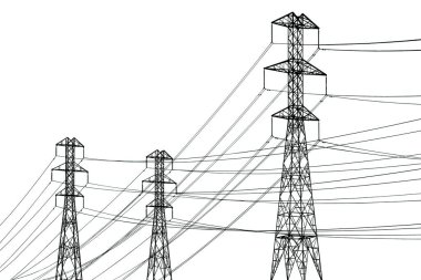 Tepedeki elektrik hattı. Uzağa doğru uzanan bir dizi elektrik kornişleri. Elektrik iletimi ve tedarik. Elektrik hatları beyaz arkaplanda izole edildi