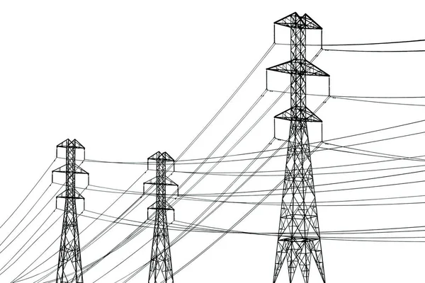 Tepedeki elektrik hattı. Uzağa doğru uzanan bir dizi elektrik kornişleri. Elektrik iletimi ve tedarik. Elektrik hatları beyaz arkaplanda izole edildi