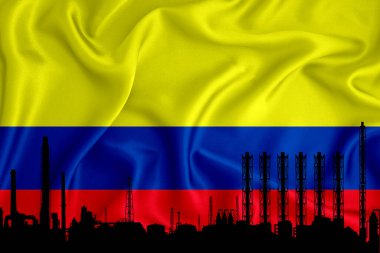 Kolombiya bayrağı, logonuz için arkaplan, endüstriyel 3D illüstrasyon. Kimya fabrikası, petrol rafinerisi, gaz, enerji ikonları. ağır sanayi.