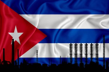 Küba bayrağı, logonuz için arkaplan - endüstriyel 3D illüstrasyon. Kimyasal fabrika, petrol rafinerisi, gaz, enerji ikonları. ağır sanayi.