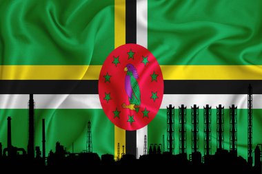 Dominica bayrağı, logonuz için alan arkaplan - endüstriyel 3D illüstrasyon. Bir kimya fabrikası, petrol rafinerisi, gaz, enerji ikonları. ağır sanayi.