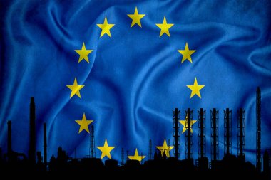 eu bayrağı, logonuz için alan arkaplanı - endüstriyel 3D illüstrasyon. Bir kimya fabrikası, petrol rafinerisi, gaz, enerji ikonları. ağır sanayi.