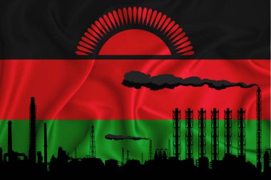 Malaw bayrağı, logonuz için alan arkaplan - endüstriyel 3D illüstrasyon. Bir kimya fabrikası, petrol rafinerisi, gaz, enerji ikonları. ağır sanayi.