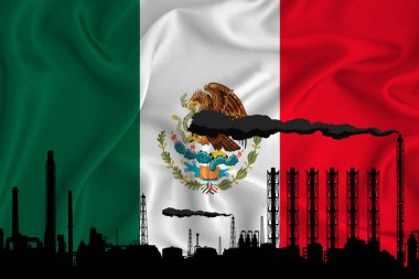 Meksika bayrağı, logonuz için arka planda yer var. Endüstriyel 3D illüstrasyon. Bir kimya fabrikası, petrol rafinerisi, gaz, enerji ikonları. ağır sanayi.