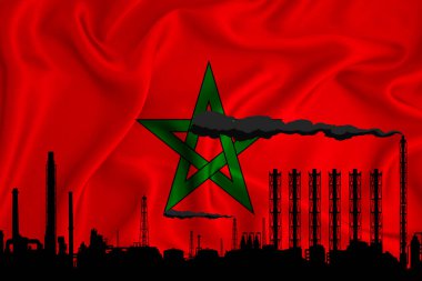 Fas bayrağı, logonuz için alan arkaplan - endüstriyel 3D illüstrasyon. Bir kimya fabrikası, petrol rafinerisi, gaz, enerji ikonları. ağır sanayi.