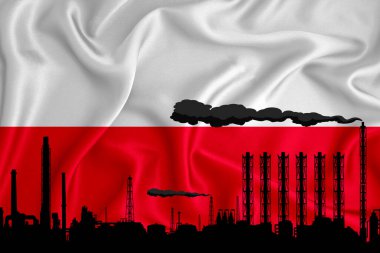 Polonya bayrağı, logonuz için alan arkaplan - endüstriyel 3D illüstrasyon. Bir kimya fabrikası, petrol rafinerisi, gaz, enerji ikonları. ağır sanayi.
