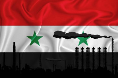 Suriye bayrağı, logonuz için arkaplan - endüstriyel 3D illüstrasyon. Kimyasal fabrika, petrol rafinerisi, gaz, enerji ikonları. ağır sanayi.