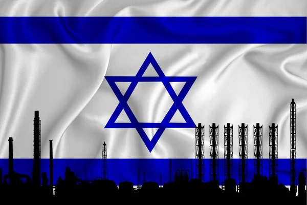以色列国旗 背景与空间为您的标志 工业3D插图 一个化工厂的轮廓 天然气 能源图标 重工业 — 图库照片