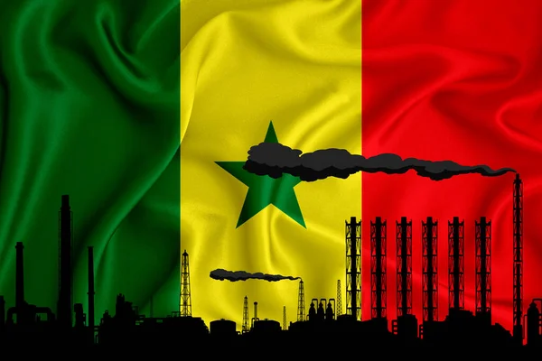 セネガルの旗 あなたのロゴのためのスペース付きの背景 産業用3Dイラスト 化学工場 石油精製 エネルギーアイコンのシルエット 重工業 — ストック写真