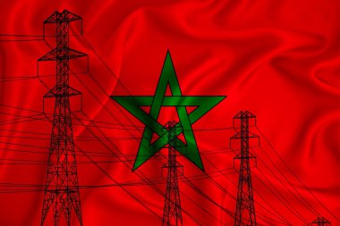 Arka plandaki Fas bayrağı ve önplandaki yüksek voltajlı elektrik hattının silueti yaklaşmakta olan enerji krizinin bir sembolü. 3d oluşturma