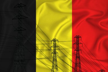 Arka planda Belçika bayrağı, yaklaşmakta olan enerji krizinin bir sembolü olan yüksek gerilim hattının kavramsal çizimi ve silüeti. 3d oluşturma