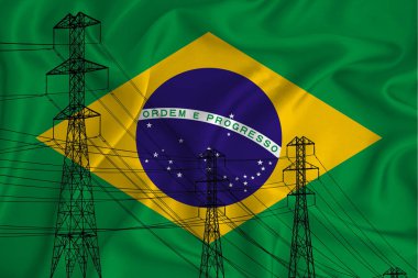 Arka planda Brezilya bayrağı, yaklaşmakta olan enerji krizinin bir sembolü olan yüksek gerilim hattının kavramsal çizimi ve silüeti. 3d oluşturma