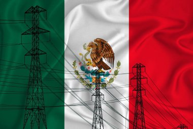 Arka planda Meksika bayrağı, yaklaşmakta olan enerji krizinin bir sembolü olan yüksek gerilim hattının kavramsal çizimi ve silüeti. 3d oluşturma