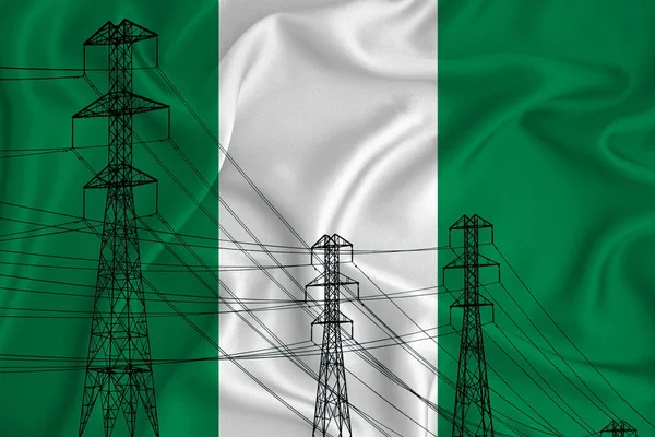 尼日利亚国旗在背景上的概念图解和高压电线路的轮廓在前景上是即将到来的能源危机的象征 3D渲染 — 图库照片