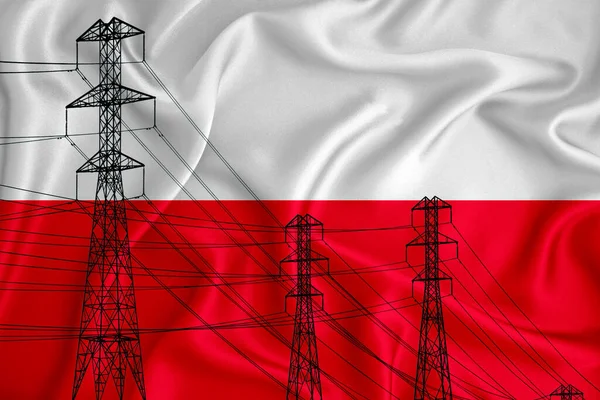 Flaga Polski Tle Konceptualna Ilustracja Sylwetka Linii Wysokiego Napięcia Pierwszym — Zdjęcie stockowe