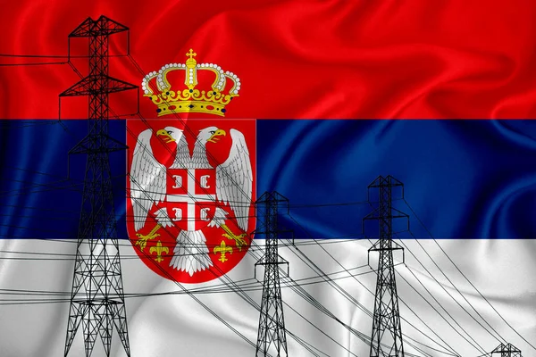 Serbian flag in the background Conceptual illustration and silhouette of a high voltage power line in the foreground a symbol of the upcoming energy crisis. 3d rendering