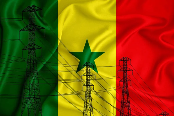 Szenegál Zászló Háttérben Fogalmi Illusztráció Sziluett Egy Nagyfeszültségű Elektromos Vezeték — Stock Fotó