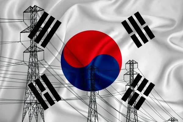 South Korean flag in the background Conceptual illustration and silhouette of a high voltage power line in the foreground a symbol of the upcoming energy crisis. 3d rendering