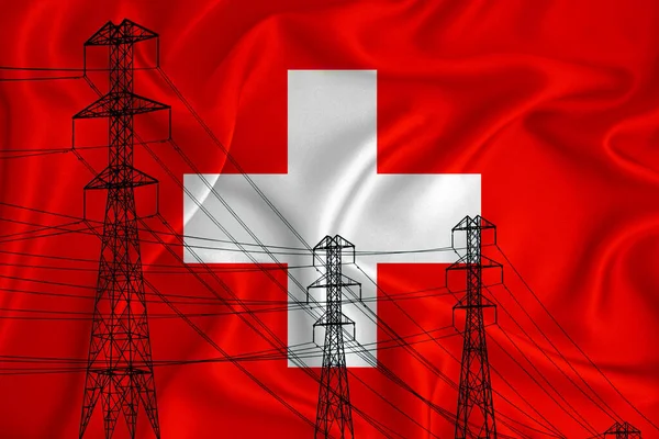 Флаг Швейцарии Заднем Плане Концептуальная Иллюстрация Силуэт Высоковольтной Линии Электропередач — стоковое фото