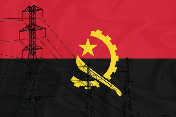 背景のアンゴラ国旗前景の高圧送電線の概念図とシルエットは 今後のエネルギー危機の象徴である 3Dレンダリング — ストック写真