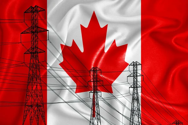 canada flag in the background Conceptual illustration and silhouette of a high voltage power line in the foreground a symbol of the upcoming energy crisis. 3d rendering