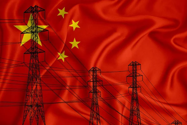 China Flagge Hintergrund Konzeptuelle Illustration Und Silhouette Einer Hochspannungsleitung Vordergrund — Stockfoto