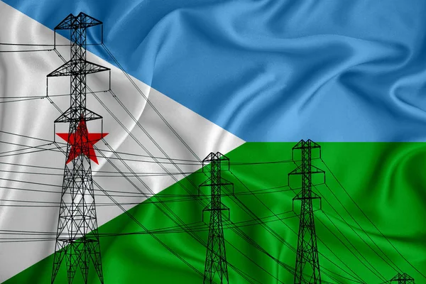 Dzsibuti Zászló Háttérben Fogalmi Illusztráció Sziluett Egy Nagyfeszültségű Elektromos Vezeték — Stock Fotó