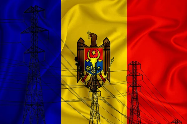 Moldova Flag Background Conceptual Illustration Silhouette High Voltage Power Line — Stock Photo, Image