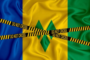 Saint Vincent ve Grenadines bayrağı, Çizgiyi Geçmeyin işareti ve konum bandı. Suç kavramı, polis soruşturması, karantina. 3d oluşturma