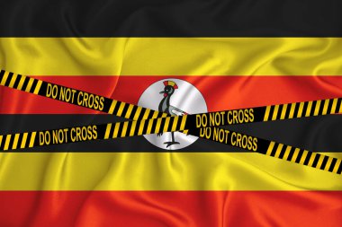 Uganda bayrağı, Çizgiyi Geçmeyin işareti ve yer kaydı. Suç kavramı, polis soruşturması, karantina. 3d oluşturma