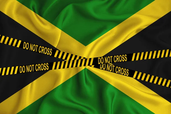 牙买加国旗 不要越过线的标记和位置磁带 犯罪概念 警方调查 3D渲染 — 图库照片