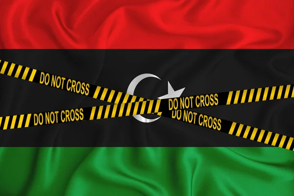 利比亚国旗 不要越过蓝线标志和位置磁带 犯罪概念 警方调查 3D渲染 — 图库照片