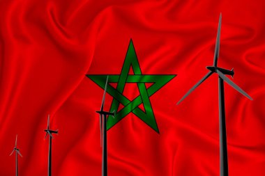 Bayrağın arka planında Fas bayrağı alternatif enerji rüzgar çizimi silueti rüzgar jeneratörü. Yenilenebilir enerji konsepti, rüzgar jeneratörleri. 3d oluşturma