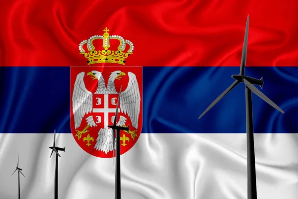 Serbian flag alternative energy wind illustration silhouette wind generator on the background of the flag. Renewable energy concept, wind generators. 3d rendering