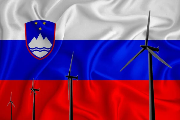 Slovenia flag alternative energy wind illustration silhouette wind generator on the background of the flag. Renewable energy concept, wind generators. 3d rendering