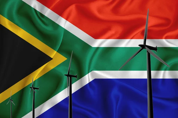 South Africa flag alternative energy wind illustration silhouette wind generator on the background of the flag. Renewable energy concept, wind generators. 3d rendering
