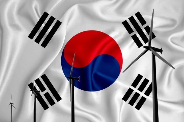 South Korean flag alternative energy wind illustration silhouette wind generator on the background of the flag. Renewable energy concept, wind generators. 3d rendering