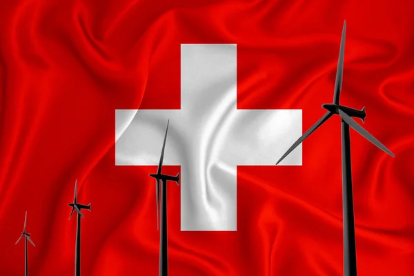 Schweiz Flagga Alternativ Energi Vind Illustration Siluett Vind Generator Bakgrunden — Stockfoto