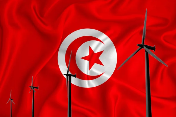 Tunisie Drapeau Énergie Alternative Éolienne Illustration Silhouette Éolienne Sur Fond — Photo