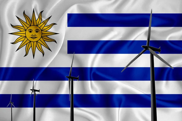 Uruguay flag alternative energy wind illustration silhouette wind generator on the background of the flag. Renewable energy concept, wind generators. 3d rendering