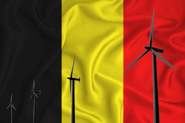 Bayrağın arka planında Belçika bayrağı alternatif enerji rüzgar çizimi silueti rüzgar jeneratörü var. Yenilenebilir enerji konsepti, rüzgar jeneratörleri. 3d oluşturma