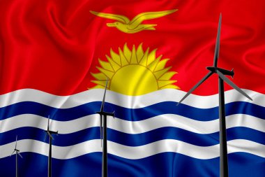 Bayrağın arka planında Kiribati bayrağı alternatif enerji rüzgar çizimi silueti rüzgar jeneratörü. Yenilenebilir enerji konsepti, rüzgar jeneratörleri. 3d oluşturma