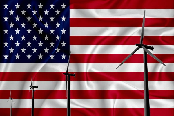 us flag alternative energy wind illustration silhouette wind generator on the background of the flag. Renewable energy concept, wind generators. 3d rendering