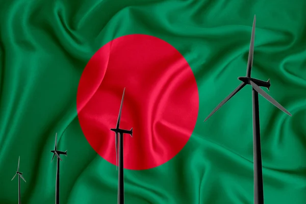 Bayrağın Arka Planında Bangladeş Bayrağı Alternatif Enerji Rüzgar Çizimi Silüeti — Stok fotoğraf